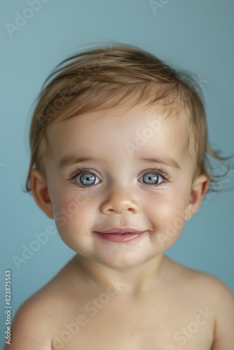 Baby with a curious grin stands alone against a soft pastel blue backdrop