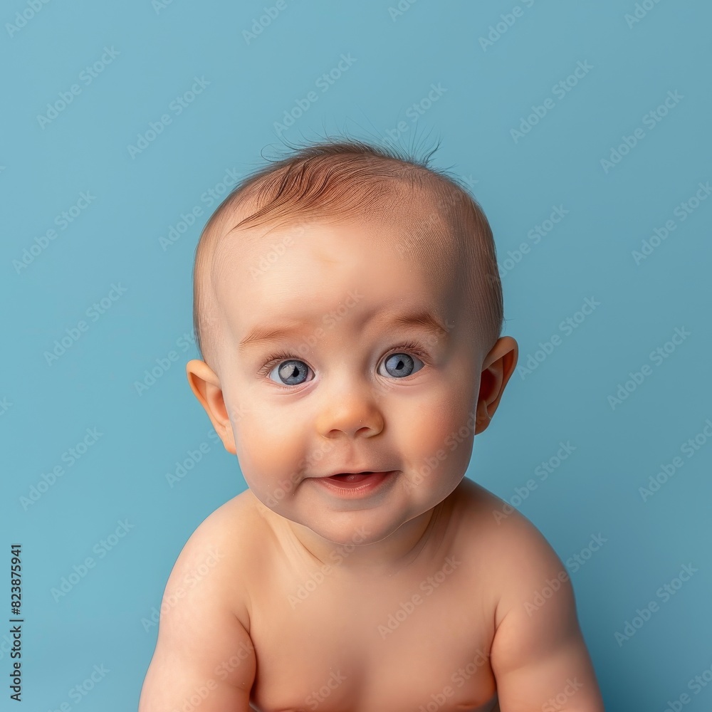 Baby with curious smile isolated on solid pastel blue background