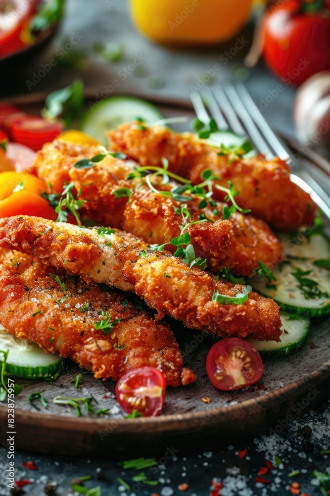 Plate of fried chicken with vegetables, suitable for food blogs or restaurant menus Plate of fried chicken with vegetables, suitable for food blogs or restaurant menus