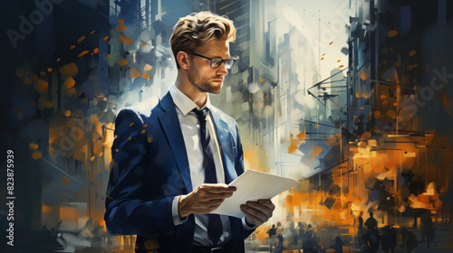 An artistic representation of a businessman reading a document against a stylized city backdrop with vibrant brush strokes