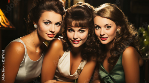 A captivating image of three glamorous women in elegant dresses posing together in an opulent vintage lounge