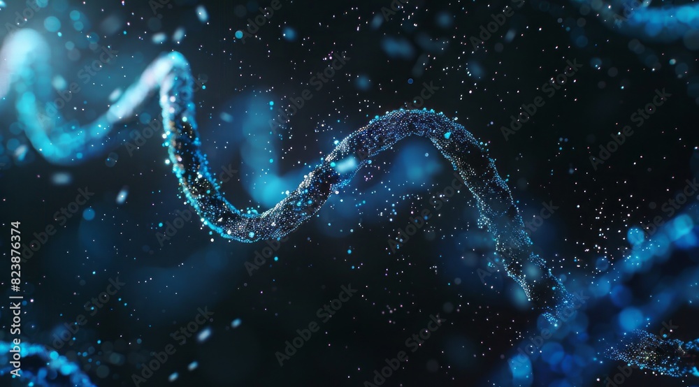 Abstract DNA double helix in blue light, closeup. Soft glowing lines and dots on dark background. Concept of advanced science Abstract DNA double helix in blue light, closeup. Soft glowing lines and dots on dark background. Concept of advanced science