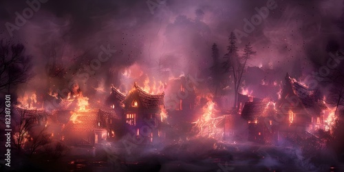 Illustration of a magical village consumed by fire. Concept Fantasy Art, Magical World, Destruction, Fire, Village Illustration photo