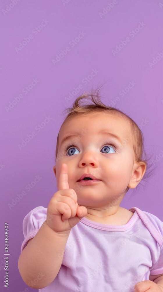 A baby with a finger pointing up is isolated on a solid pastel purple background A baby with a finger pointing up is isolated on a solid pastel purple background
