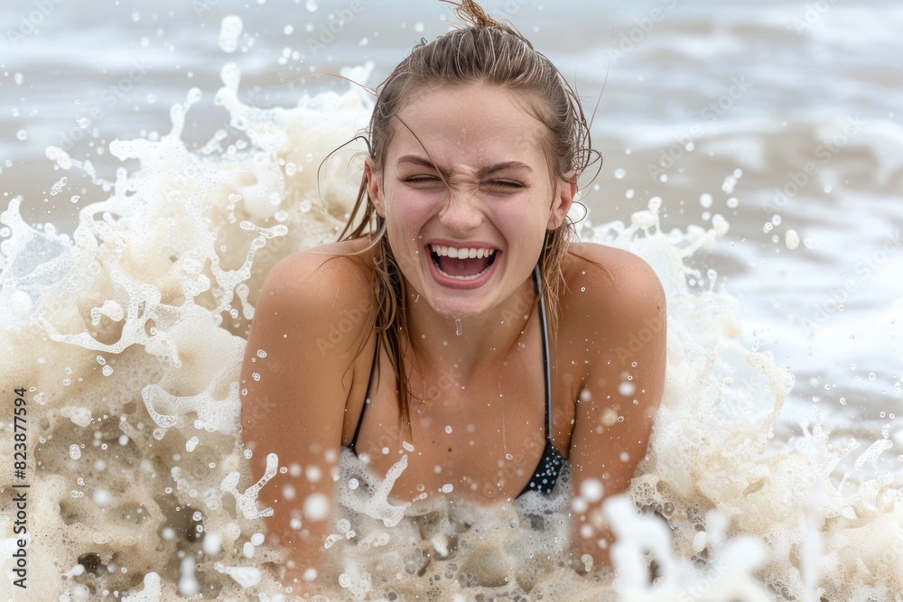 Obraz premium Cheerful long-haired girl by the ocean on a sunny day, embodying the joy of summer and beach life.
