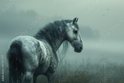 A gray horse standing in a field of tall grass. Ideal for agriculture or animal related projects