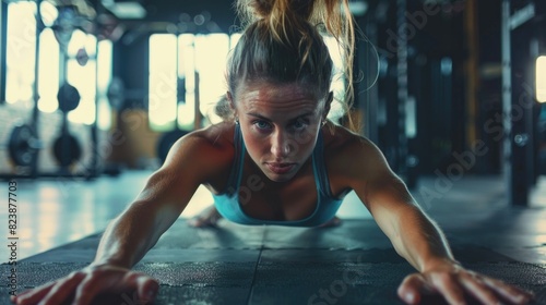 Fitness woman doing push ups in gym, perfect for health and exercise concepts