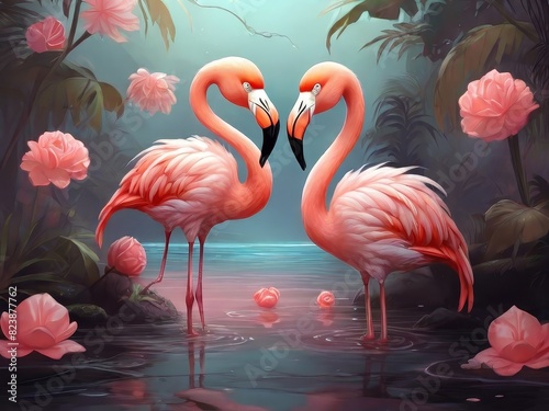 Two pink flamingos stand gracefully in a pond of water