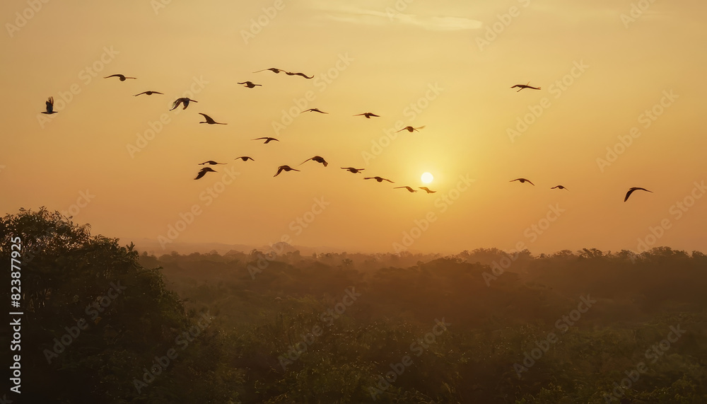 A flock of birds in flight over a dense forest during the golden hues of sunset A flock of birds in flight over a dense forest during the golden hues of sunset