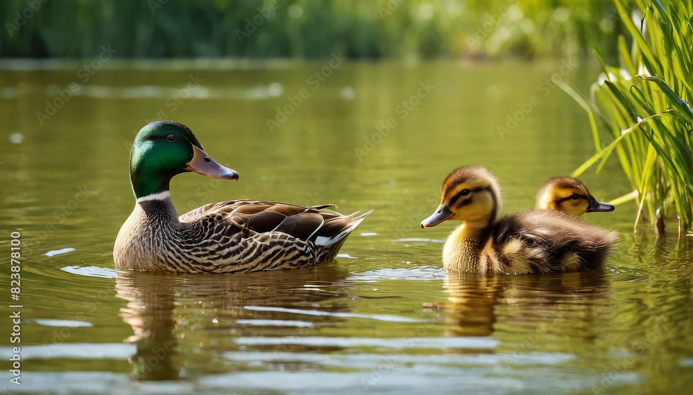 A group of ducks peacefully floating on the calm surface of a lake A group of ducks peacefully floating on the calm surface of a lake