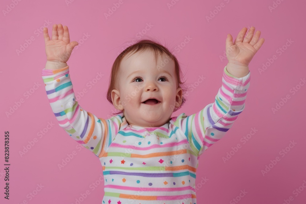 A cheerful baby poses against a soft pastel pink backdrop, radiating joy with their expressive gestures A cheerful baby poses against a soft pastel pink backdrop, radiating joy with their expressive gestures