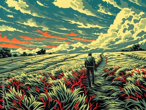 A lonely man walks through a surreal field of wheat toward the distant horizon. photo