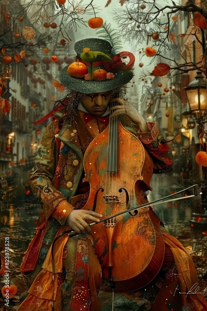 A man playing the cello in an orange autumn forest with a top hat and a bird on his head