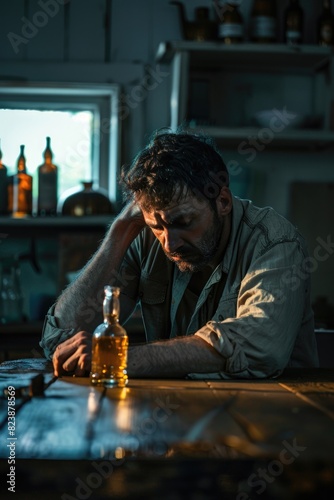 Man sitting at table with beer bottle, suitable for bar or pub concept