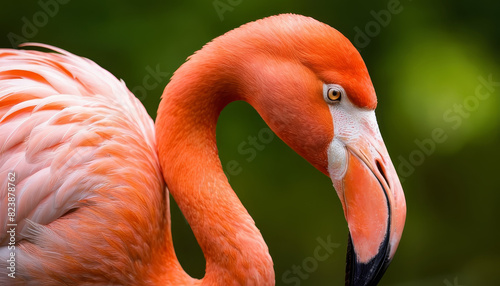 A detailed view of a flamingo standing with a blurred backdrop