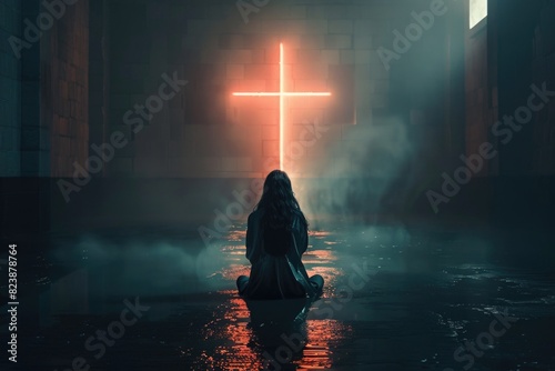 A woman sitting on the ground in front of a cross. Suitable for religious themes photo
