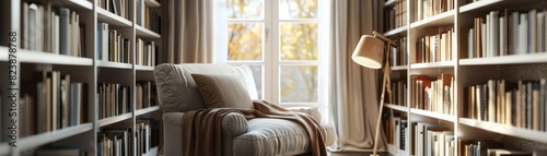 Frame mockup  a cozy library nook with a plush armchair  floortoceiling bookshelves  and a warm reading lamp  ideal for a book lovers retreat