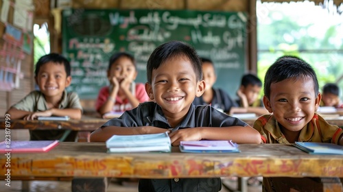 Group of young, happy Asian children in green uniforms smiling while seated at desks in a classroom, exuding joy and warmth.