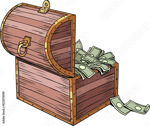 Pop Art Retro Wooden luxury chest with money. Financial savings that accumulate. Wealth under lock and key.
