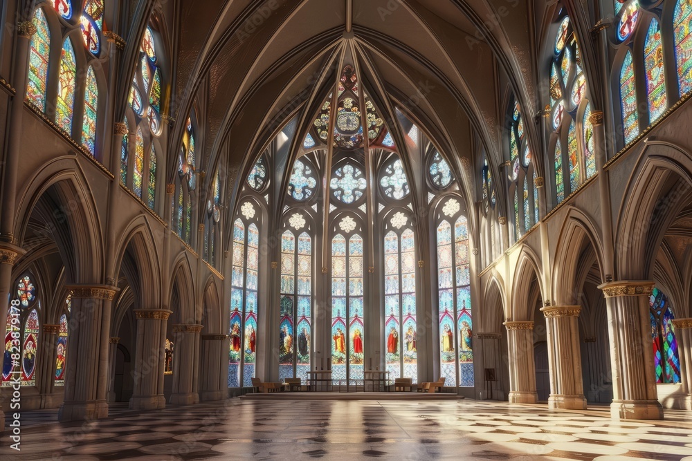 Frame mockup, a majestic Gothic cathedral interior with soaring arches and intricate stained glass windows, inspiring awe and reverence