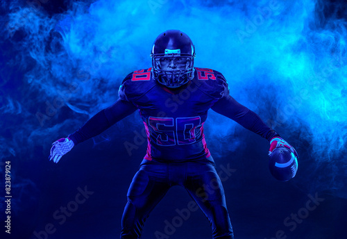 American football player banner on red neon background. Template for bookmaker ads with copy space. Mockup for betting advertisement. Sports betting, football betting, gambling, bookmaker, big win