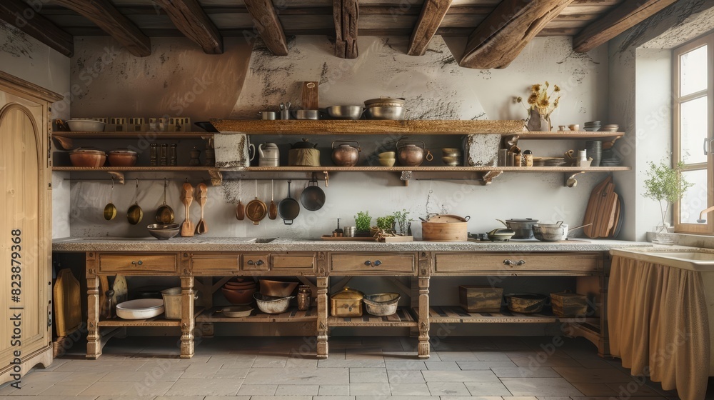 Frame mockup, a rustic farmhouse kitchen with wooden beams, vintage cookware, and a large hearth, evoking warmth and homeliness Frame mockup, a rustic farmhouse kitchen with wooden beams, vintage cookware, and a large hearth, evoking warmth and homeliness