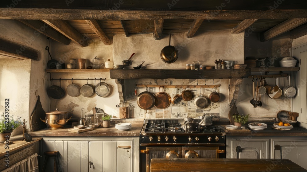Frame mockup, a rustic farmhouse kitchen with wooden beams, vintage cookware, and a large hearth, evoking warmth and homeliness Frame mockup, a rustic farmhouse kitchen with wooden beams, vintage cookware, and a large hearth, evoking warmth and homeliness