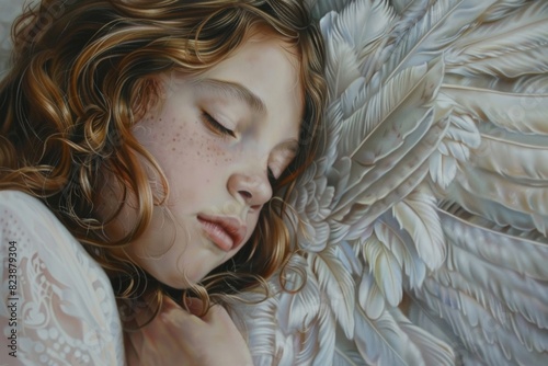 A beautiful painting of a young girl with angel wings. Ideal for angelic themed designs