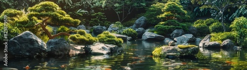 Frame mockup, a serene Japanese zen garden with meticulously arranged rocks, a koi pond, and carefully pruned bonsai trees, promoting tranquility and meditation