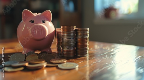 A Piggy Bank Amidst Coin Stacks photo