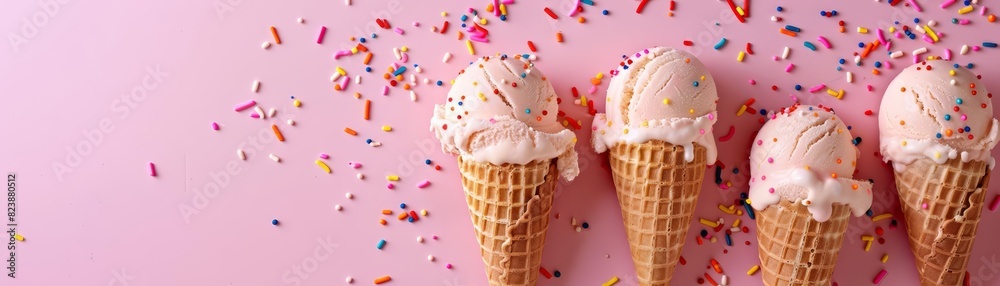 Minimal blank template card for National Ice Cream Day in cute styles, featuring elements of ice cream cones and sprinkles, with a large copy space on center for text Minimal blank template card for National Ice Cream Day in cute styles, featuring elements of ice cream cones and sprinkles, with a large copy space on center for text
