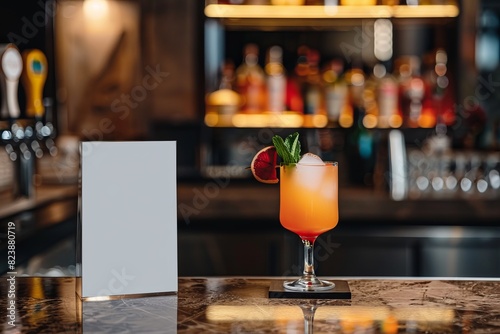 Mockup of a cocktail menu in a bar, on a bar counter with an exotic cocktail