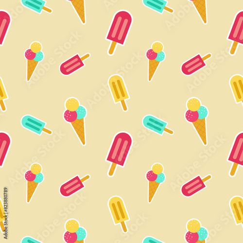 Ice cream seamless pattern. Colorful summer seamless pattern with tropical fruits, ice cream, leaves, Toucan, Flamingo, Flowers, and summer icons Memphis style. Summer seamless vector illustration.