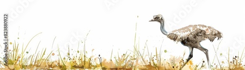 Set of water color of a rhea  strutting through the tall grasses of a South American savanna  Clipart isolated on white