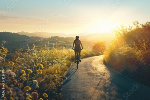 Person riding a bike down a road, suitable for travel and transportation concepts © Fotograf