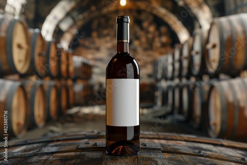 Mockup of a bottle of red wine, against the background of a cellar with wine barrels
