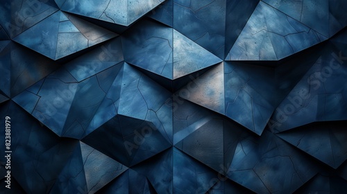 Abstract image with a polygonal design composed of textured blue surfaces creating a multidimensional background photo