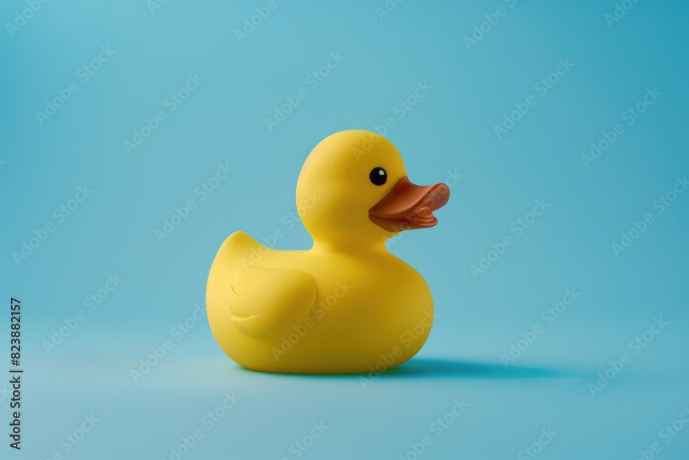 A cute yellow rubber duck on a bright blue background. Perfect for children's toys or bath products A cute yellow rubber duck on a bright blue background. Perfect for children's toys or bath products