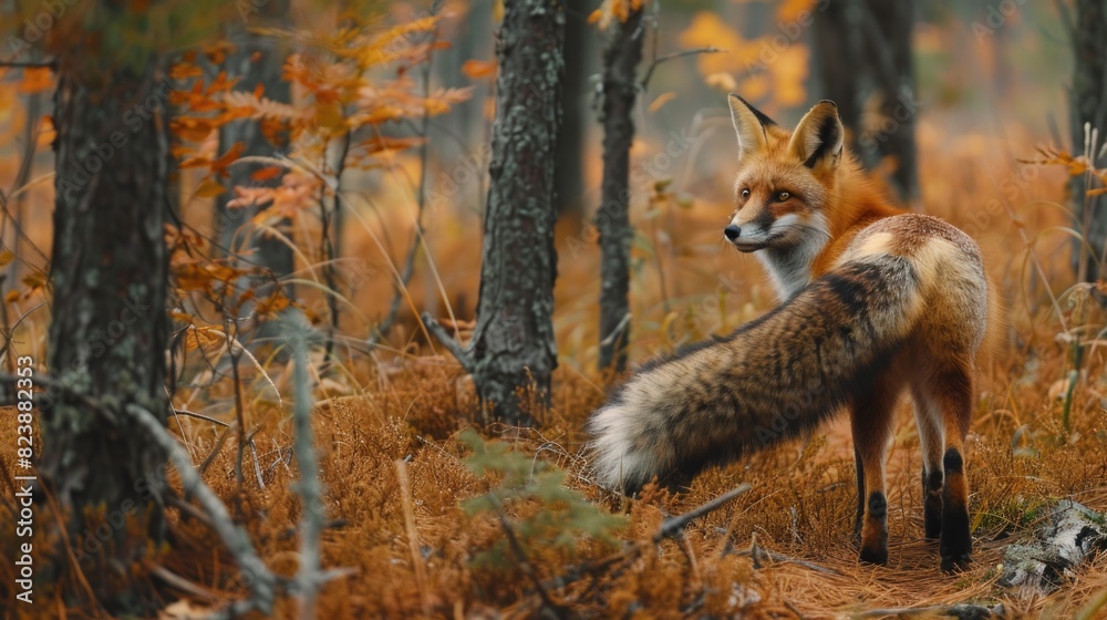 A fox standing in the middle of a forest. Suitable for nature and wildlife themes A fox standing in the middle of a forest. Suitable for nature and wildlife themes