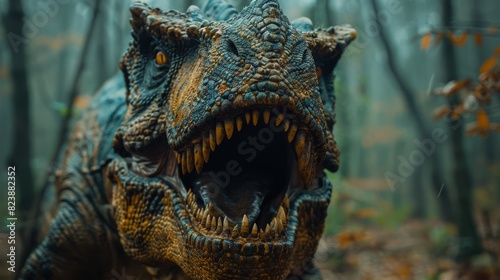 A dramatic portrait of a roaring dinosaur with detailed scales and fierce eyes, set against a foggy forest backdrop photo