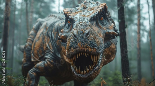 An intimidating dinosaur snarls with open jaws amidst the fog of a dense prehistoric-looking forest