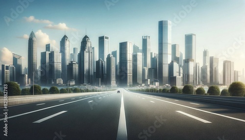 Empty Asphalt Road with City Skyline, Generative AI © mckay