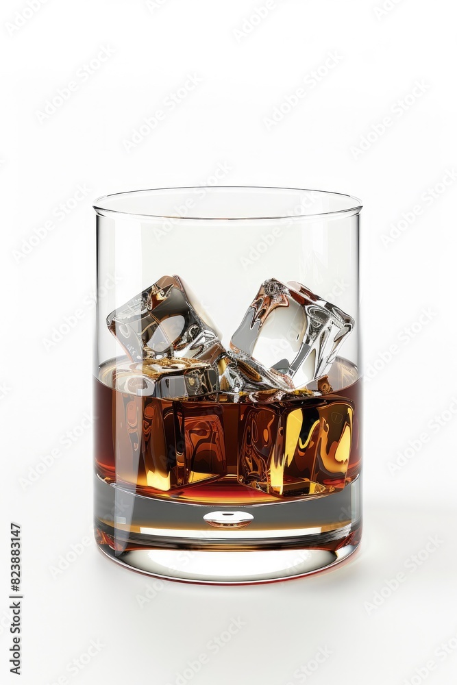 A glass of whiskey with ice cubes on white background
