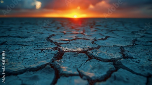 A vivid sunset illuminates a landscape of deeply cracked earth in a desert environment, symbolizing drought