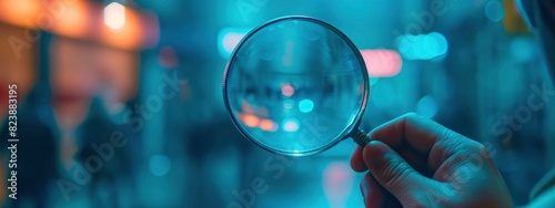 A hand holding magnifying glass on blurred business office background.