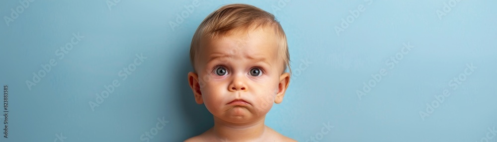 A baby with wide eyes gazes in wonder against a serene pastel blue backdrop A baby with wide eyes gazes in wonder against a serene pastel blue backdrop