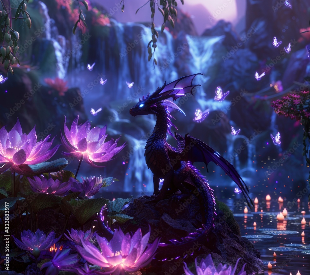 A purple dragon with glowing eyes sitting on a rock full of lily flower, surrounded by fireflies and waterfalls in a fantasy world