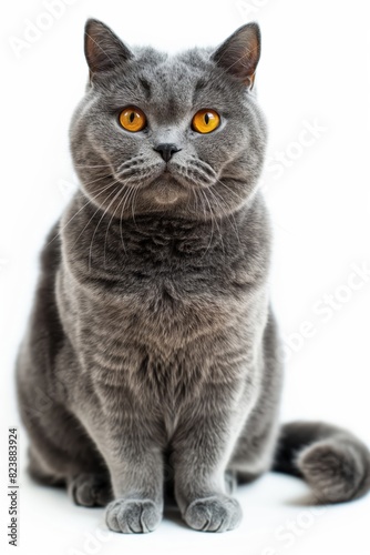 A grey cat with yellow eyes is sitting on a white background