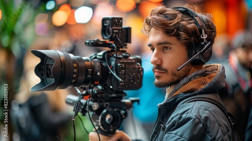 A young videographer is focused on recording, wearing a headset and handling a camera