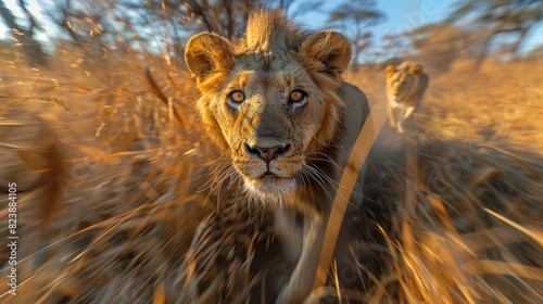 A single lion looks intently at the camera  with motion blur on the surrounding grass giving a sense of motion